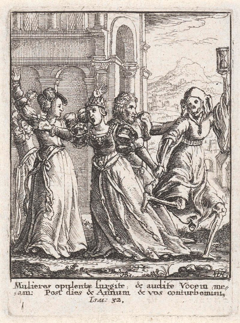 Gravura alegórica de Wenceslaus Hollar retratando uma rainha e a Morte.