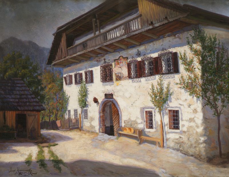 Escena interior con mesas vacías bajo luces tenues, pintura al óleo de Jakob Koganowsky