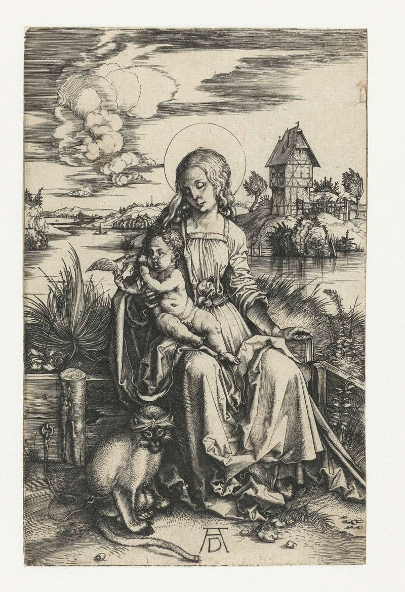 Grabado de Albrecht Dürer que representa a María con el niño y un mono, mostrando detalles de luz y vestimenta.