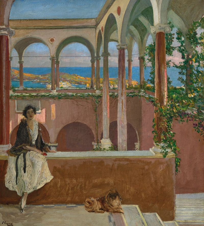 A Villa on the Riviera, pintura al óleo de Sir John Lavery, que presenta una villa iluminada por el sol y arcos elegantes.
