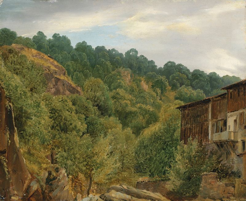 Paisagem com árvores e vegetação de Théodore Rousseau, pintura a óleo