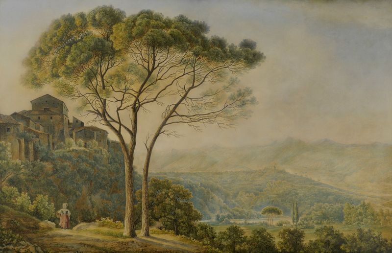 Paisaje con pinos y montañas, pintura al óleo de Jacob Philipp Hackert