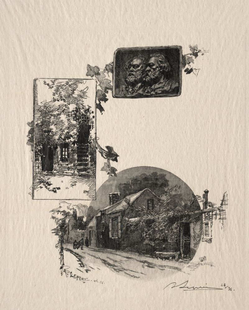 Gravura de Auguste Louis Lepère mostrando a entrada de uma oficina e a vida urbana.