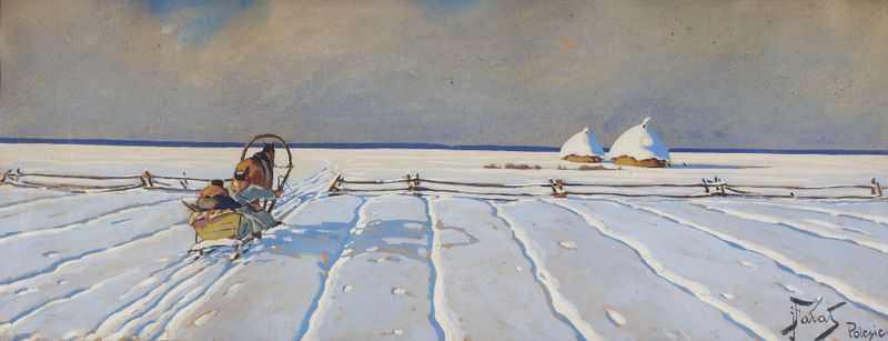 Paisagem de inverno com trenó, óleo sobre tela de Julian Falat