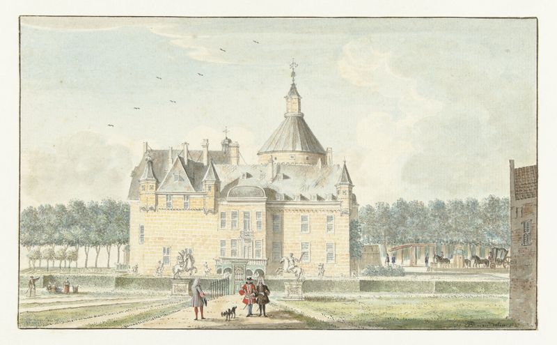 Grabado de Jan de Beijer que muestra un paisaje con un castillo y flores en flor