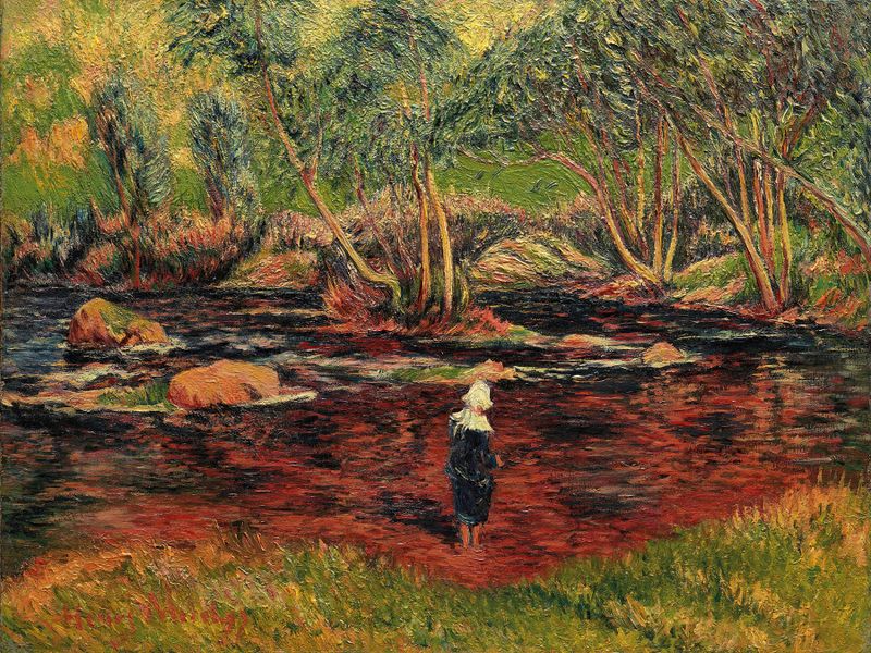 Figurative oil painting by Henry Moret depicting a woman by a river