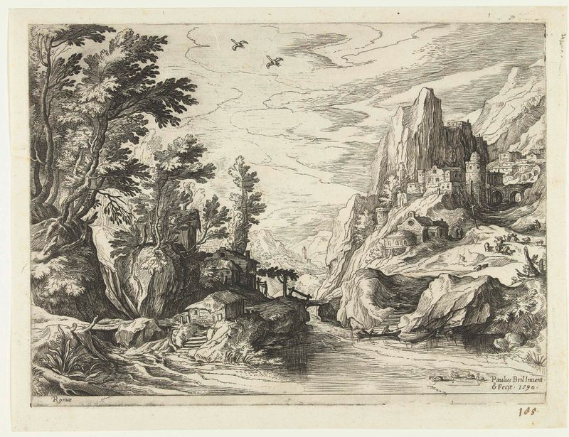Etching by Paul Bril featuring a river, village, and rocky cliffs