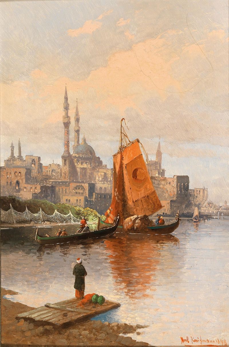 Partie Aus Konstantinopel de Karl Kaufmann, pintura al óleo que muestra un vibrante mercado con luz solar.