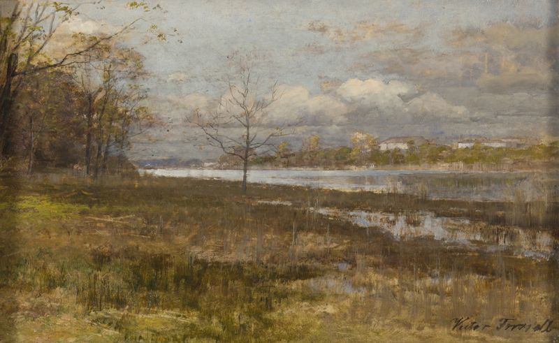 Landscape by Victor Forssell, depicting a tranquil hill and sky, oil painting
