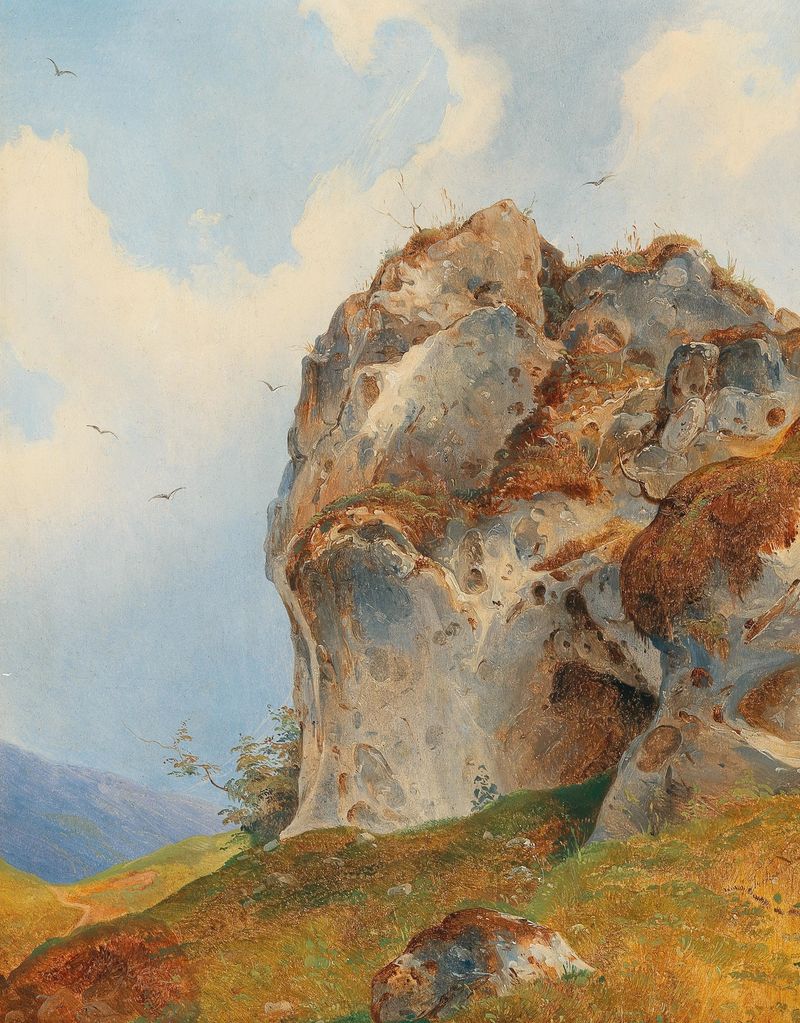 Pintura de paisaje al óleo de Franz Steinfeld que muestra colinas onduladas y un cielo sereno.
