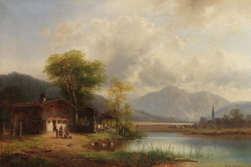 Oberbayerische Landschaft mit Waschhaus am See, oil on canvas by Anton Doll