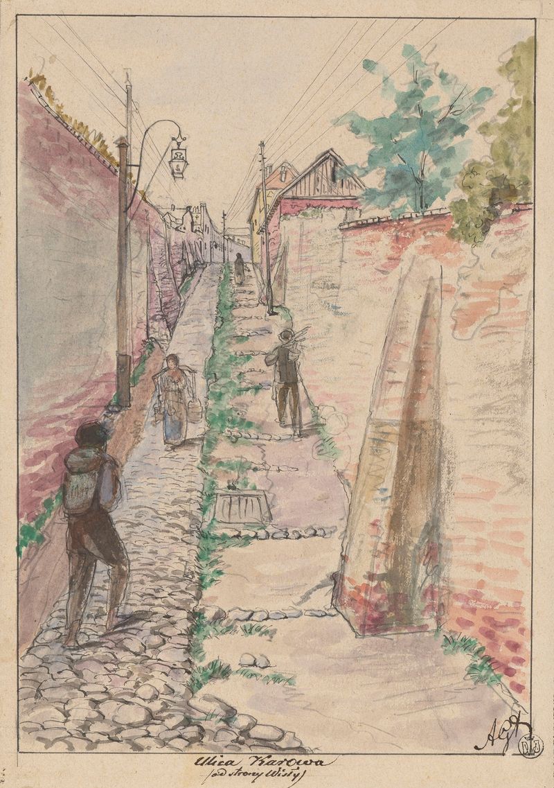 Karowa Street by Adrian Głębocki, Post-Impressionism, depicting a landscape with cobblestones and shadows.