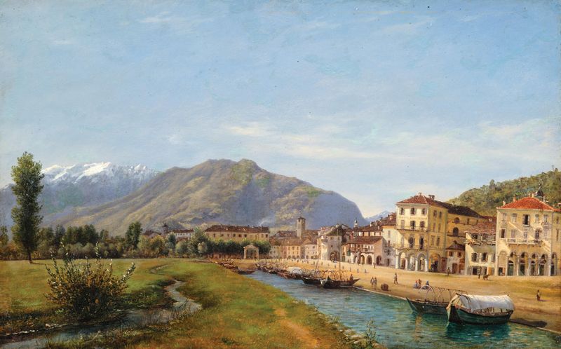 Paisaje de Locarno con río y montañas de Giuseppe Bisi, c. 1830