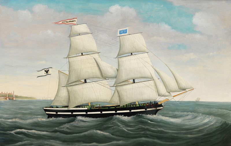 Marine scene with ship and water reflection, oil painting by August Lasczky, 1865
