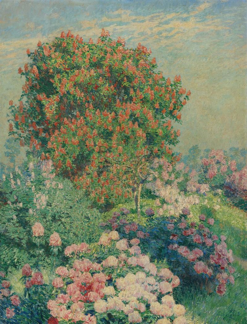 The Flower Garden in May by Emile Claus, oil painting of a vibrant garden with flowers and golden light.