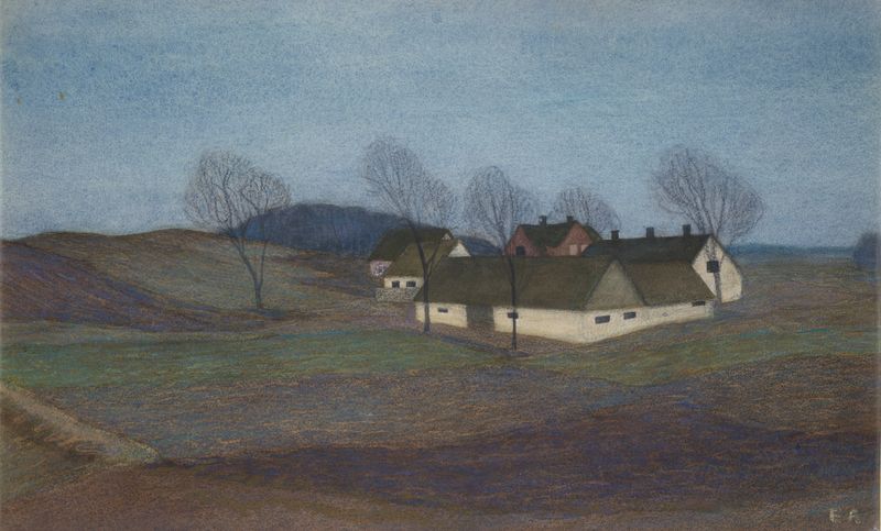 A Farm House in Själland by Ester Almqvist, oil on canvas depicting a farmhouse in a lush landscape.