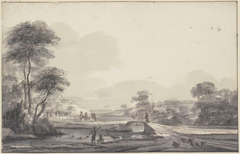 Landschaft mit Bach und Brücke, im Wasser Badende de Roelant Roghman, pintura a óleo de uma paisagem tranquila com figuras.