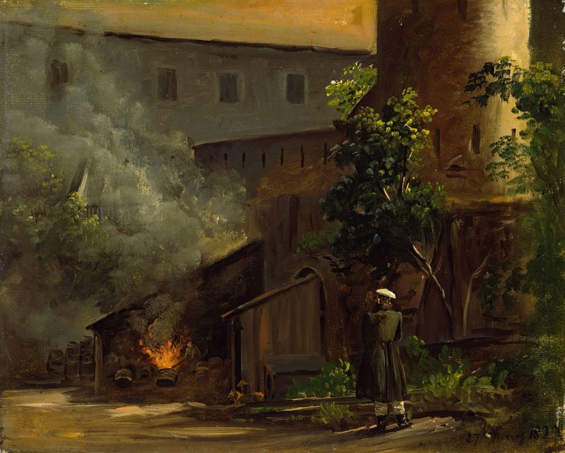 oil painting by Thomas Fearnley depicting a courtyard at Scharfenberg Castle with dappled light