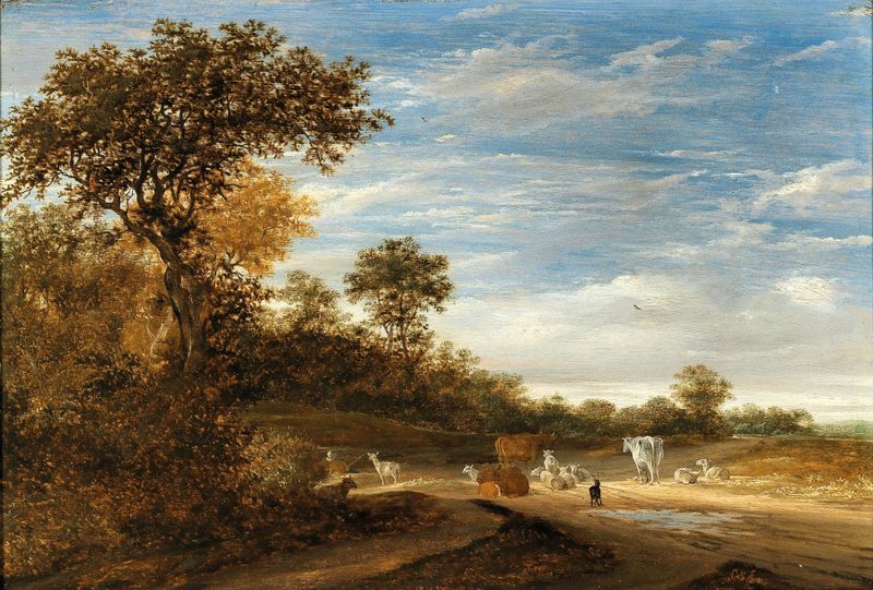 Paisaje boscoso con ganado descansando, pintura al óleo de Jacob Salomonsz. van Ruysdael
