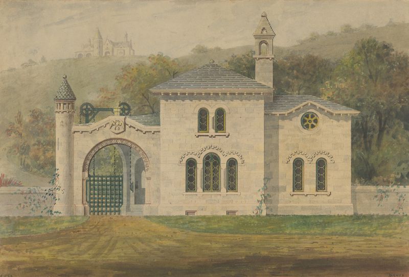 Gate Lodge for Amos G. Hull by Alexander Jackson Davis, architectural drawing, Gothic style