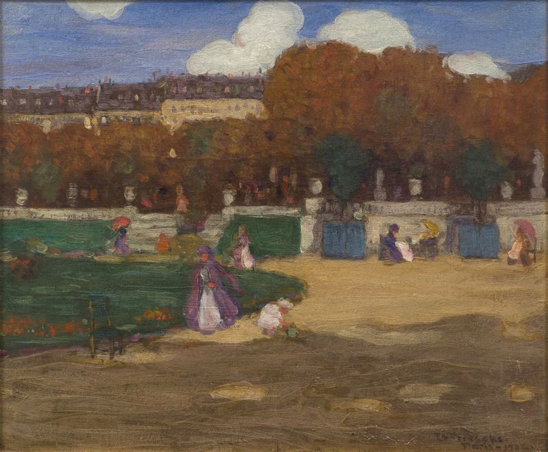 Luxembourg Gardens scene with a woman in a white dress, oil on canvas by Frederick Carl Frieseke