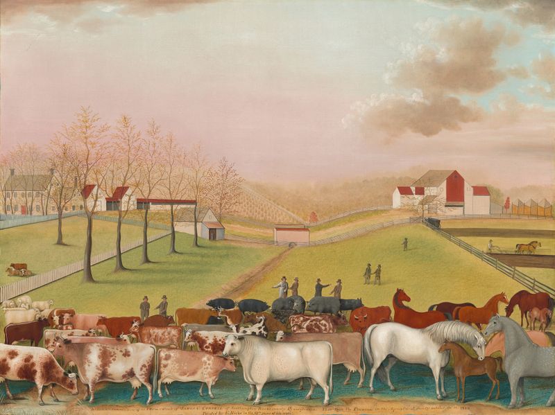 The Cornell Farm de Edward Hicks, pintura a óleo que retrata uma casa de fazenda e campos