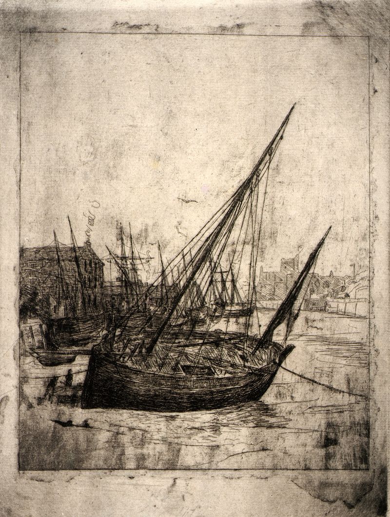Boats at Peel–Isle of Man de Julian Alden Weir, óleo sobre tela que retrata barcos em águas calmas
