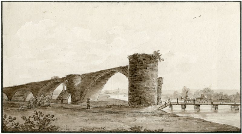 Pintura a óleo de paisagem por Otto Howen mostrando um rio e uma vila