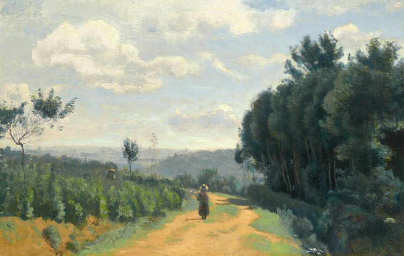 Paisaje con un camino serpenteante y árboles, óleo sobre lienzo de Jean-Baptiste-Camille Corot