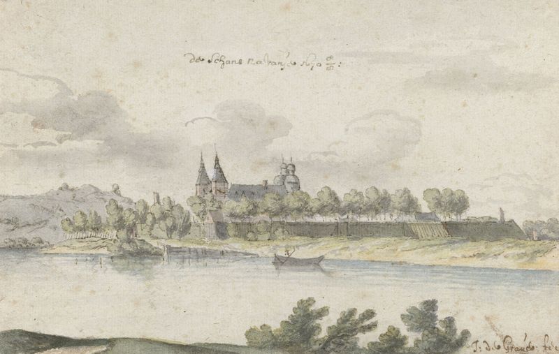 Pintura al óleo de Josua de Grave que representa el Fuerte Navagne con vegetación exuberante y nubes.