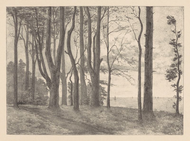 Landscape with trees and sailboats by Simon Moulijn, oil on canvas