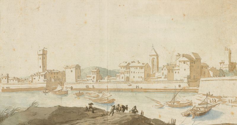 Escena marina con muro del puerto, barcos y olas de Pieter Moninckx, óleo sobre lienzo