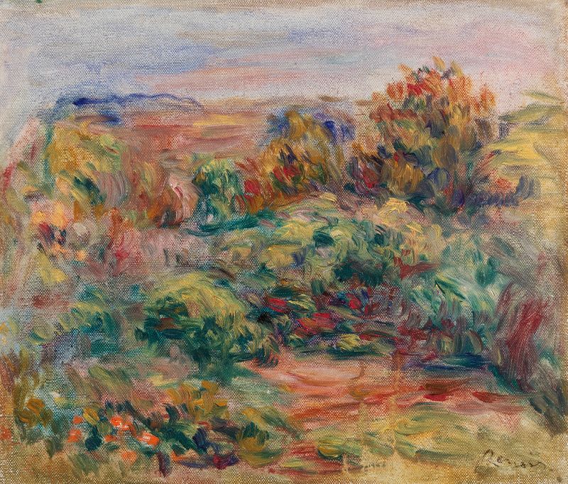 Paisagem de Pierre-Auguste Renoir, pintura a óleo com colinas onduladas e tons terrosos quentes.