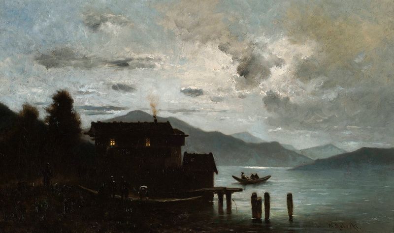 Lago de montaña de noche de Władysław Aleksander Malecki, pintura al óleo