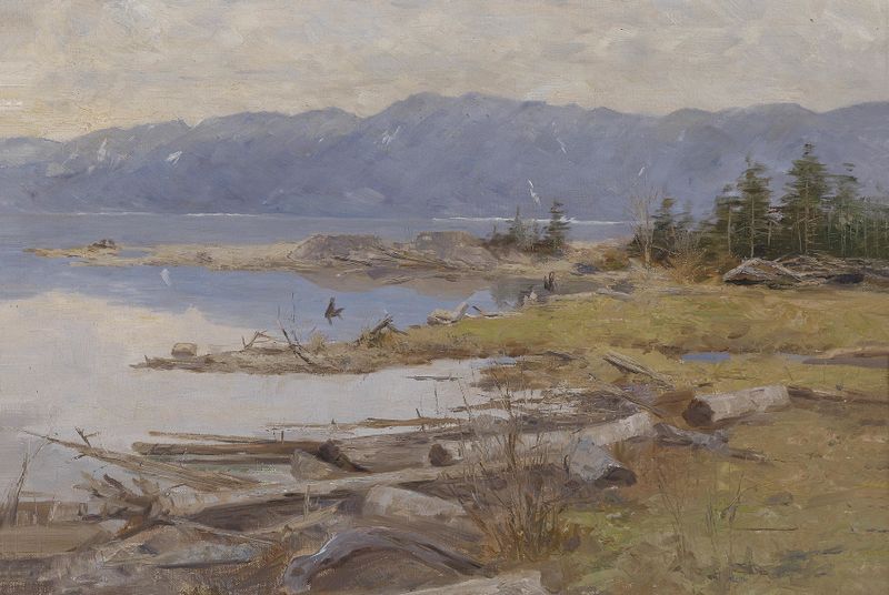 Paisaje montañoso con colinas y cielo de Eugen Jettel, pintura al óleo