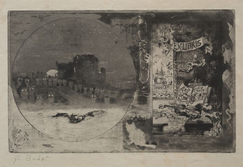 Etching by Félix Hilaire Buhot depicting a castle under a violet sky.