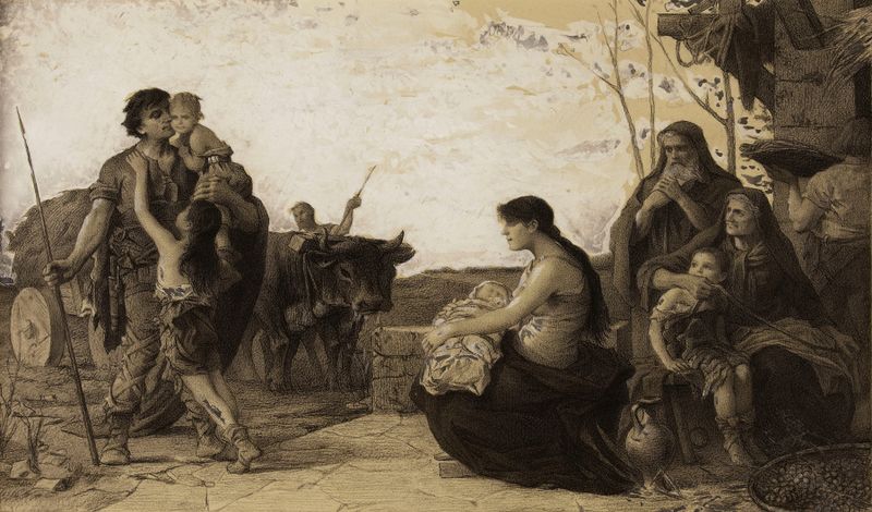 Cena figurativa que retrata laços familiares, óleo de Louis Boutelié