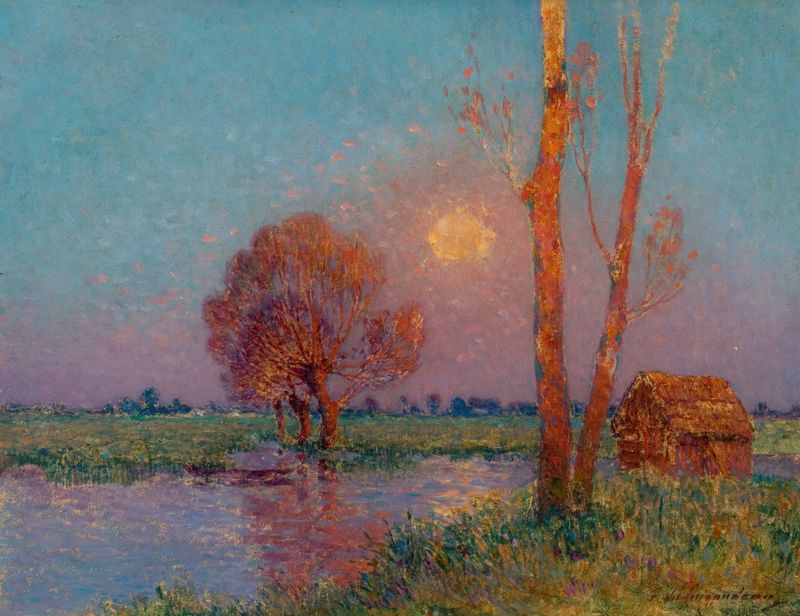 Sunset landscape with ethereal light by Ferdinand du Puigaudeau, oil painting