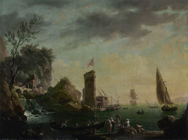 Oil painting by Thomas Patch depicting a Mediterranean seaport with fishermen.