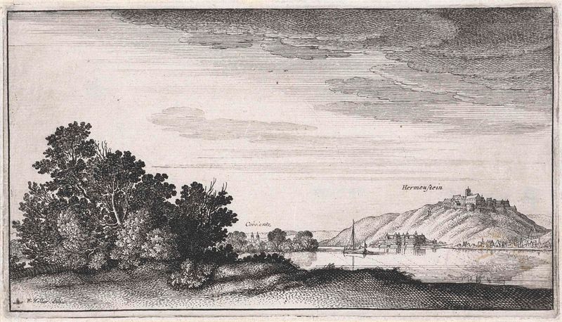 Landschap met gezicht op Koblenz en Ehrenbreitstein, grabado de Wenceslaus Hollar