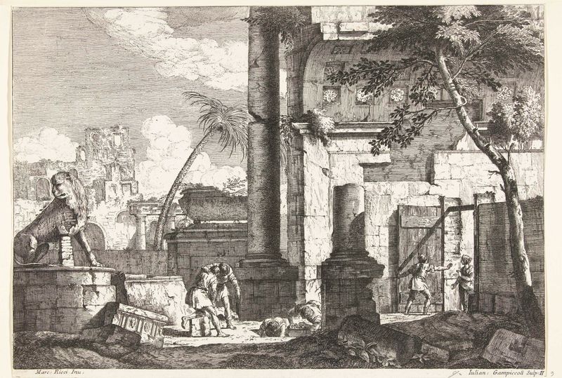 Etching by Giuliano Giampiccoli depicting ancient ruins with palm trees