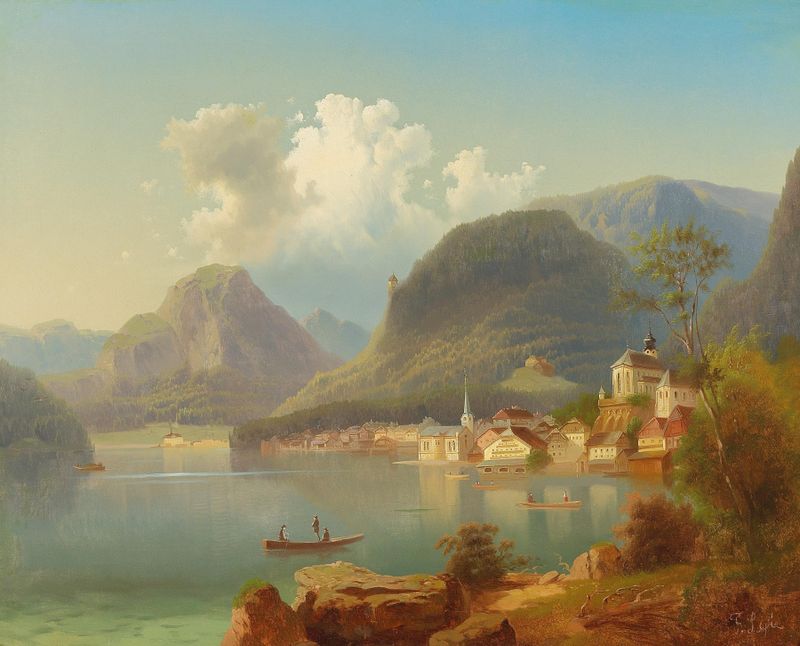 Vista de Hallstatt de Ferdinand Lepie, óleo sobre lienzo, que representa un tranquilo pueblo alpino junto a un lago.