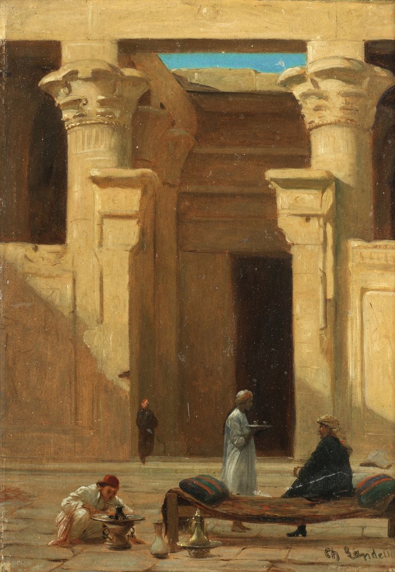 Genre scene depicting a bustling street with figures by Charles Landelle, oil painting