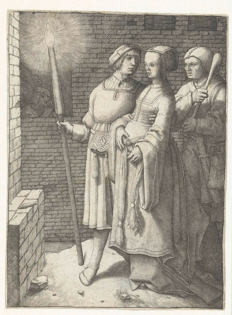 Grabado de Lucas van Leyden que muestra a un joven con una antorcha, una mujer en contemplación y un bufón
