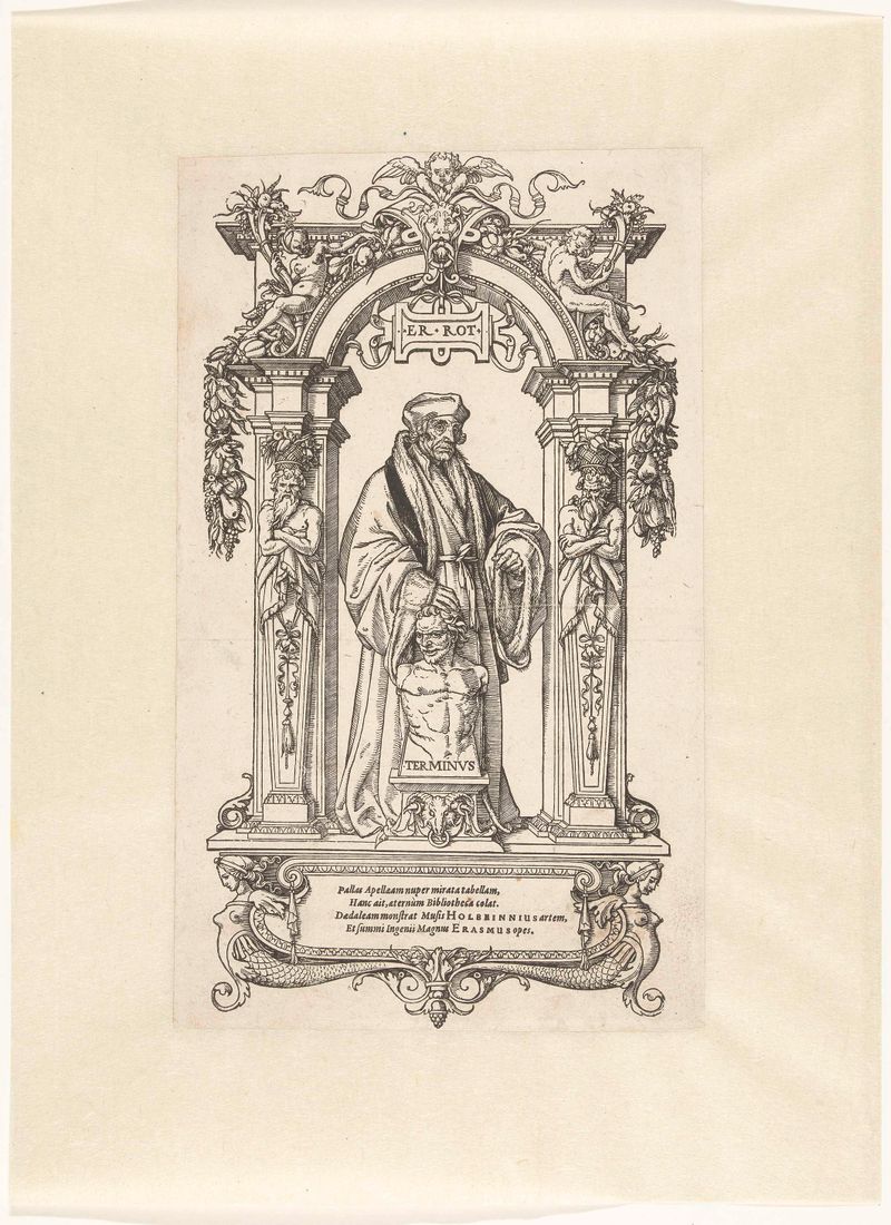 Retrato de Erasmo em pé sob um arco com uma estátua de Terminus, papel de Hans Holbein.