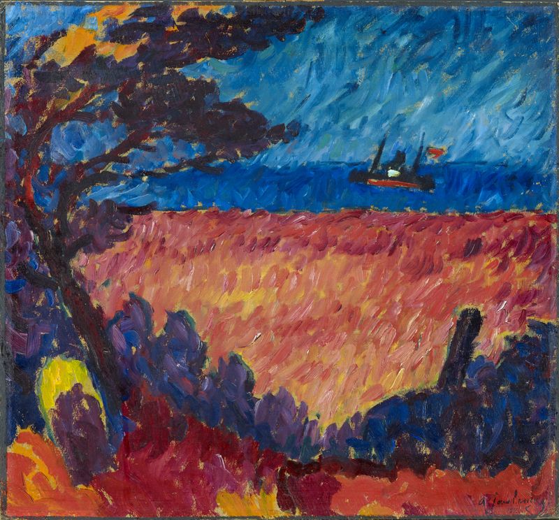 Oil painting by Alexej von Jawlensky depicting a turbulent sea with bold swirls of azure.