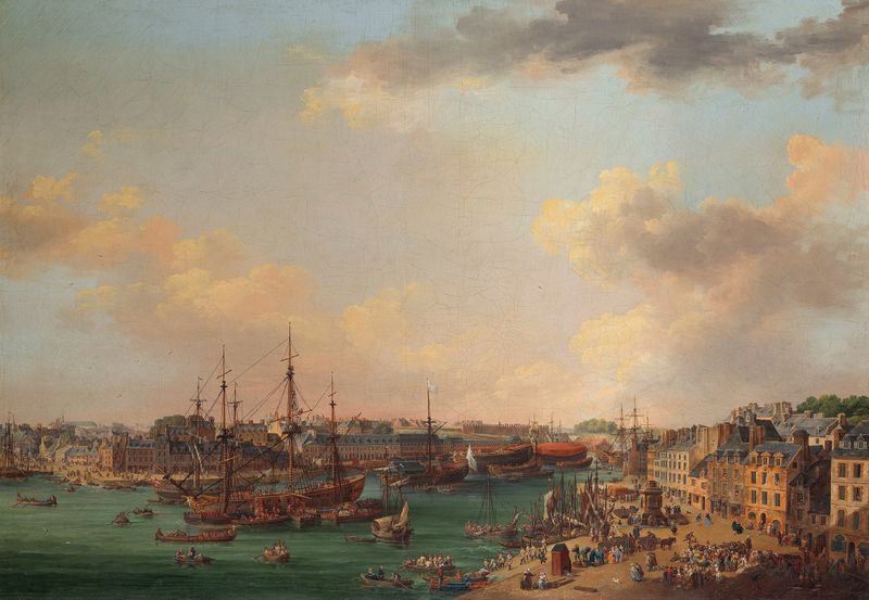 El Puerto Exterior de Brest de Henri Joseph van Blarenberghe, óleo sobre lienzo que muestra barcos en el agua.