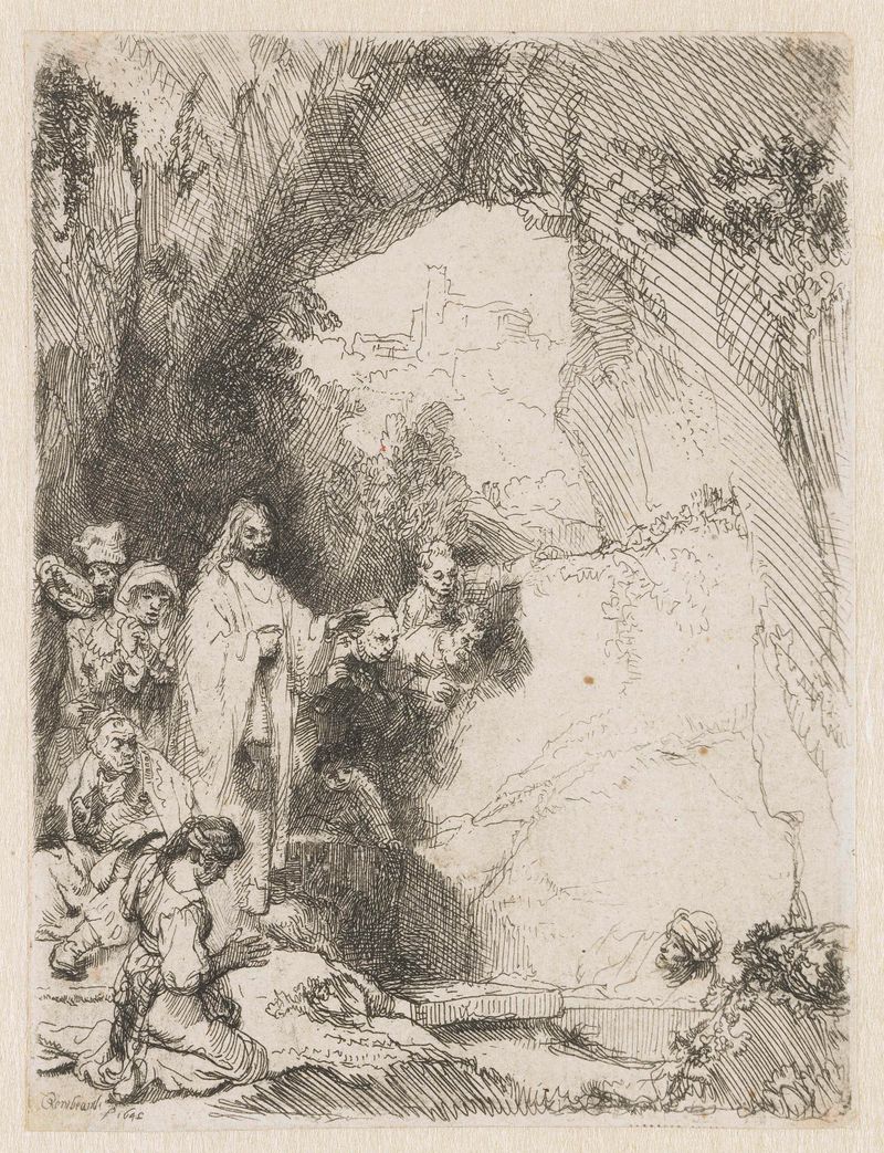 Grabado de Rembrandt van Rijn que representa la resurrección de Lázaro con luz y sombra