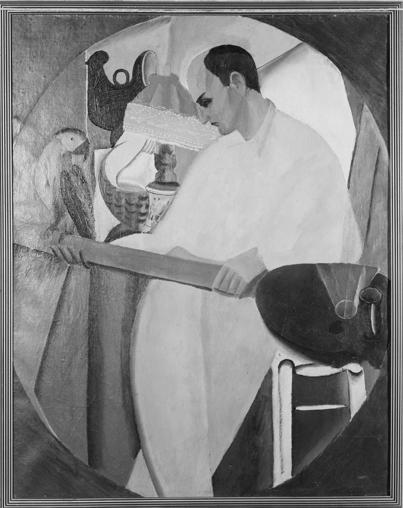 Autorretrato de Adolphe Feder, óleo sobre lienzo que muestra ojos introspectivos y sombras.