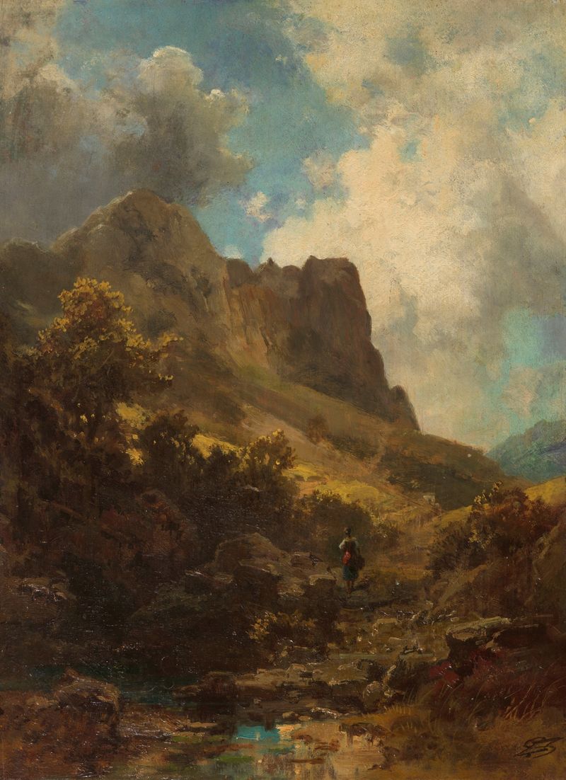 Paisagem com uma leiteira em um vale sob um grande céu, pintura a óleo de Carl Spitzweg